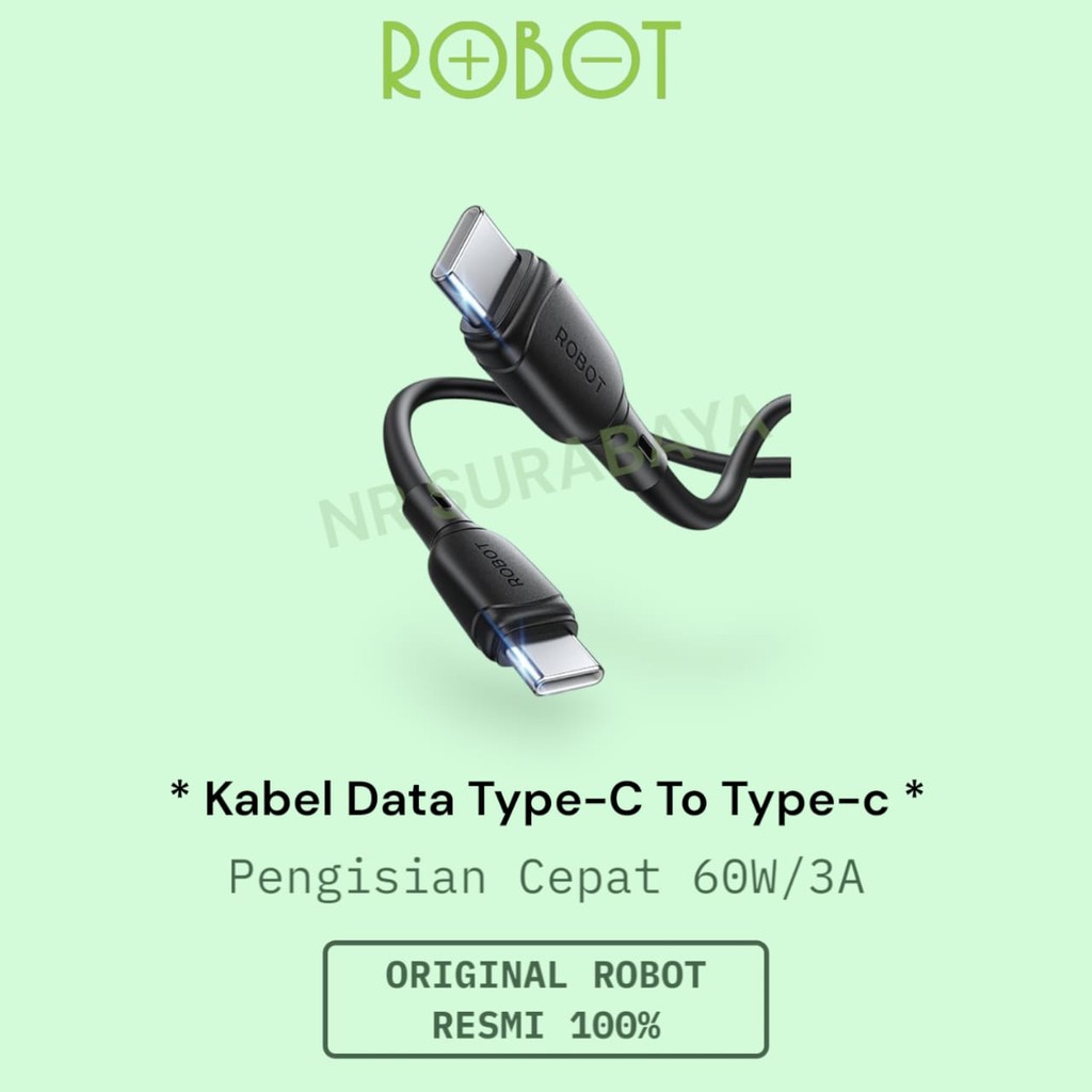 [NR] ROBOT Data Cable TYPE-C TO TYPE-C Data Cable Charging 3A 1M Original Official