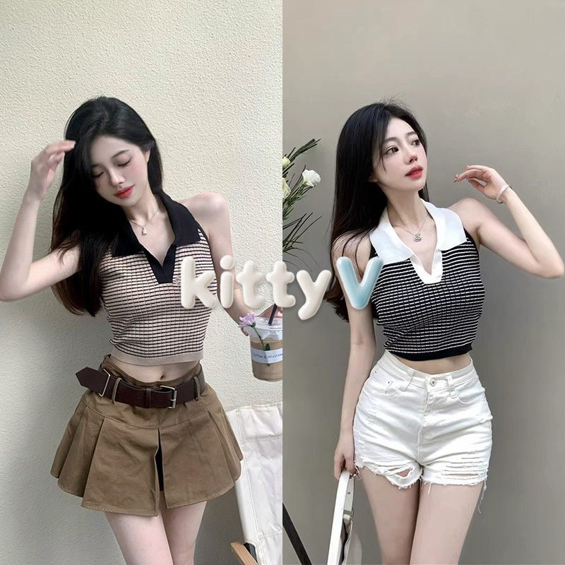 kitty.vogue พร้อมส่ง เสื้อครอปคล้องคอไหมพรม เสื้อแขนกุด คอปก ดีเทลลายทางน่ารักมาก-0236