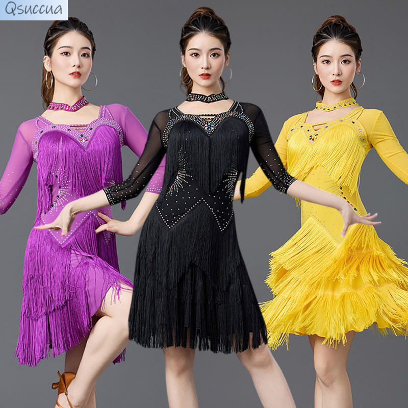 ใหม่ชุดเต้นรําละตินสําหรับผู้หญิงเสื้อผ้าการแข่งขัน Cha Cha Rumba Samba Performance ชุดสีแดง Rhinestone Fringe ชุด