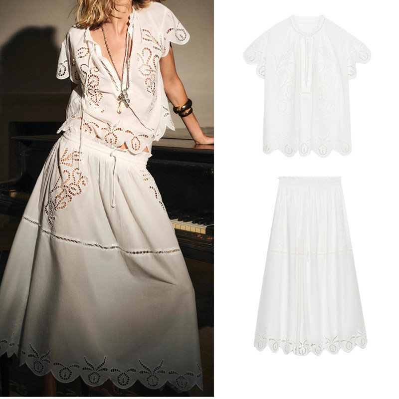 เสื้อปักกลวงแขนสั้นและกระโปรงยาวจากผ้าฝ้าย สไตล์คล้าย ZARA