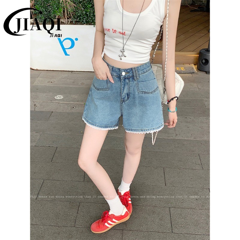 JIAQI✅กางเกงขาสั้นยีนส์เอวสูงสำหรับผู้หญิง👖ขอบลูกไม้ระบาย💫ผ้ายีนส์เนื้อนุ่ม🍒สวยมาก🎀สาวๆควรมี✨ทำให้ดูสูงและผอมมาก❤ S-5XL - รูปที่ 7