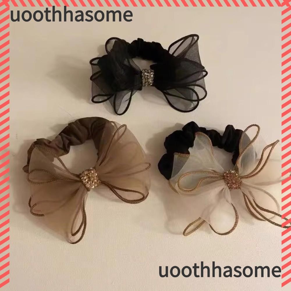 UOOTHASOME Bowknot Scrunchies ตาข่าย Rhinestone Organza อุปกรณ์เสริมผมผู้หญิง