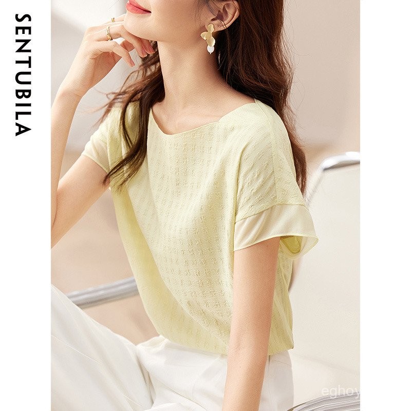 Changdubila Casual วรรณกรรม Retro Design Niche Western สไตล์รอบคอแฟชั่นเย็บเสื้อชีฟองแขนสั้น OPN7