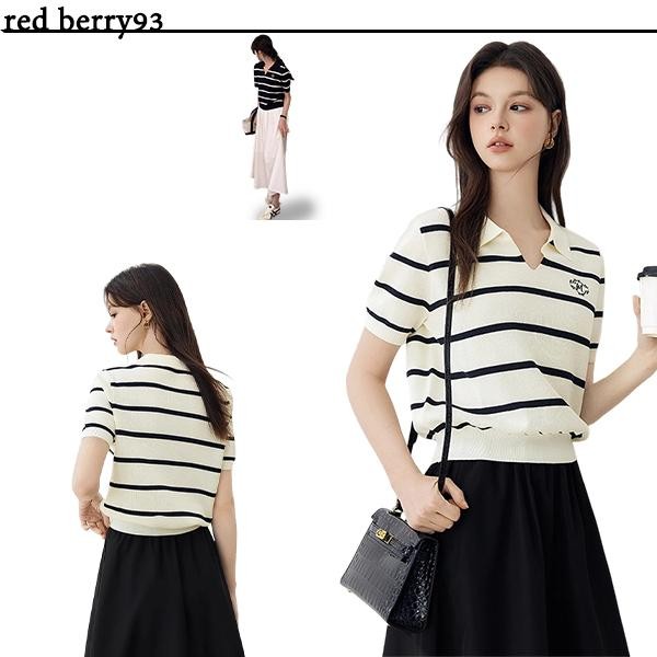 Red Berryเสื้อโปโลคอวี ทรงหลวม แขนสั้น พิมพ์ลาย คุณภาพสูง ผลิตจากผ้าฝ้ายแท้ เหมาะสำหรับผู้หญิง18013