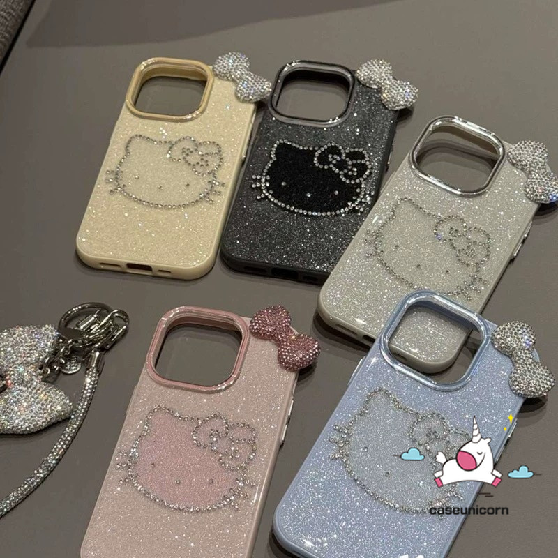 การ์ตูน 3D Bow DIY ตุ๊กตาน่ารัก Hello Kitty Luxury Glitter Powder สําหรับ IPhone 13 15 16 14 12 11 17Pro Max 7Plus XR XS Max X 8 15 16 7 Plus SE 2020 สีทึบนุ่มกรณี