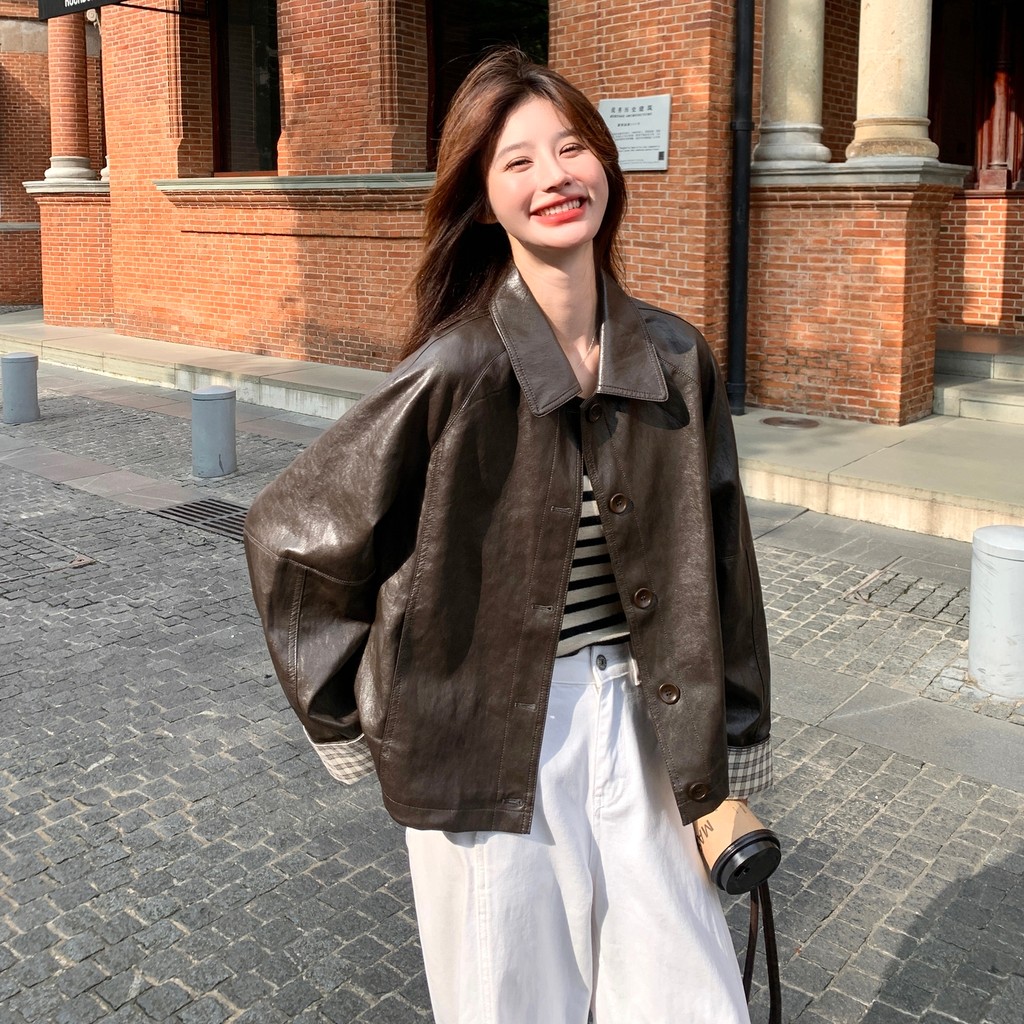 เสื้อแจ็คเก็ตหนังทรงหลวมลําลองหนัง PU 8107-P165-K238