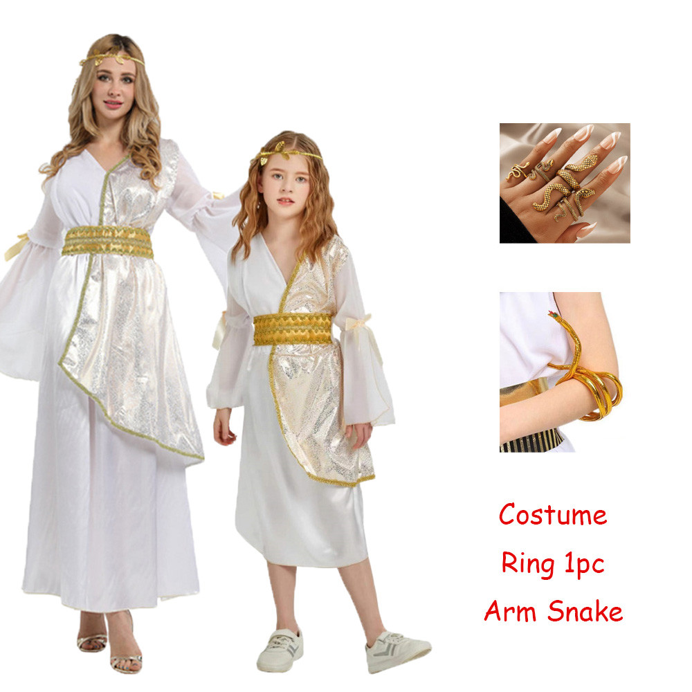 โบราณ Athena Greek Goddess เครื่องแต่งกายสําหรับเด็กสาว Metallic Toga Gold Trim ชุดอุปกรณ์เสริมสําหรับผู้ใหญ่ผู้หญิงปาร์ตี้ฮาโลวีนชุด
