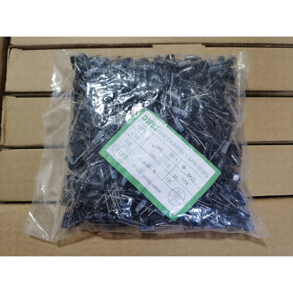 คุณภาพสูง In-Line Electrolytic Capacitor 35V 220uF ±20% ปริมาณ 8 * 12 มม. ธรรมดายาวฟุต 500 ชิ้นแพคเก