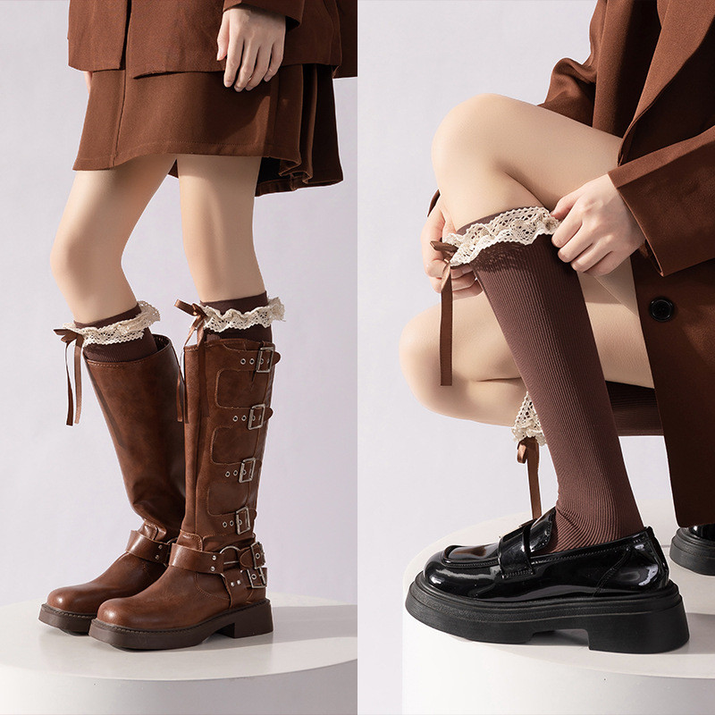 ถุงเท้าขายาวสไตล์ญี่ปุ่น ลายโบว์ระบายน่ารัก ใส่กับชุด JK ลอริต้า