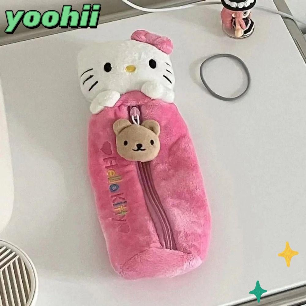 YOOHII ดินสอตุ๊กตา, กระเป๋าเครื่องเขียนคิตตี้ลูกแมวความจุขนาดใหญ่, กระเป๋านักเรียนปากกาสีชมพูกล่องปากกาการ์ตูนเด็ก