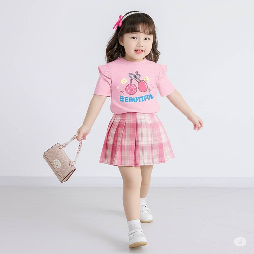 PINKชุดเซ็ทเด็ก2ชิ้นลายเชอรี่ เสื้อแขนปีกนก+กระโปรงอัดพลีท