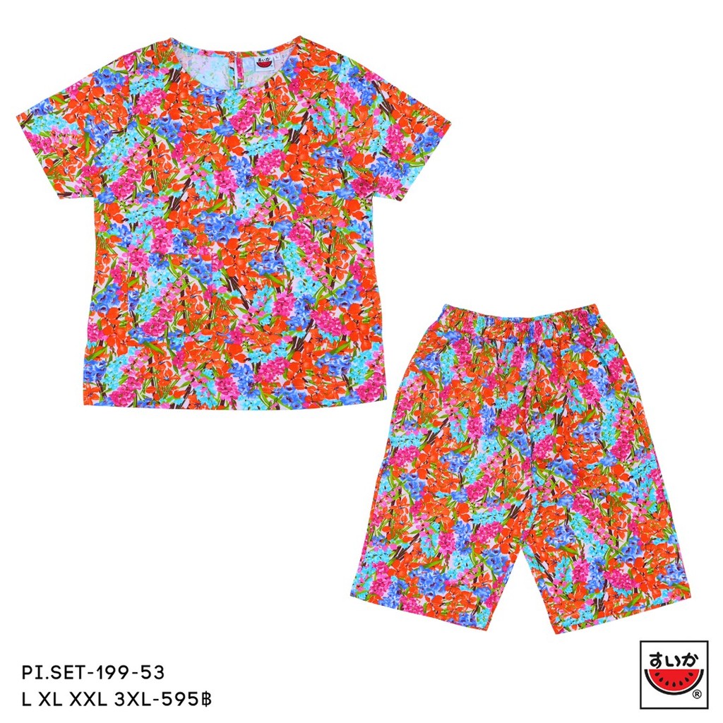 เสื้อแตงโม (SUIKA) -เสื้อยืดผ้าคอตตอนอินเตอร์ล๊อค คอปาดแขนสั้น พร้อมกางเกงขาสามส่วน เอวยืดลายพิมพ์ (PI.SET-199) — صورة 4