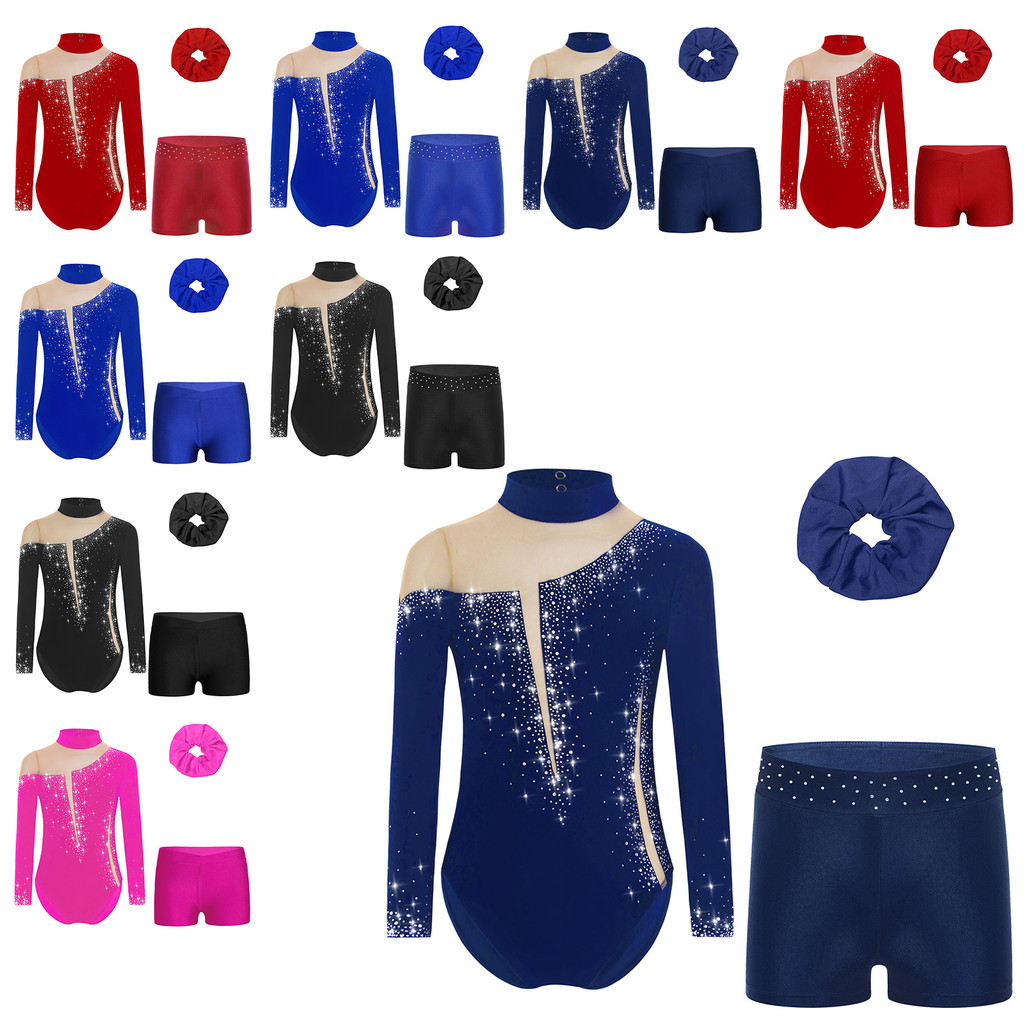 Zaldita 3 ชิ้น/เซ็ตเด็กผู้หญิงสเก็ตยิมนาสติกชุดเต้นรําแขนยาว Keyhole กลับ Sheer ตาข่าย Patchwork Sparkly Rhinestones Leotard พร้อมกางเกงขาสั้นและผมวง