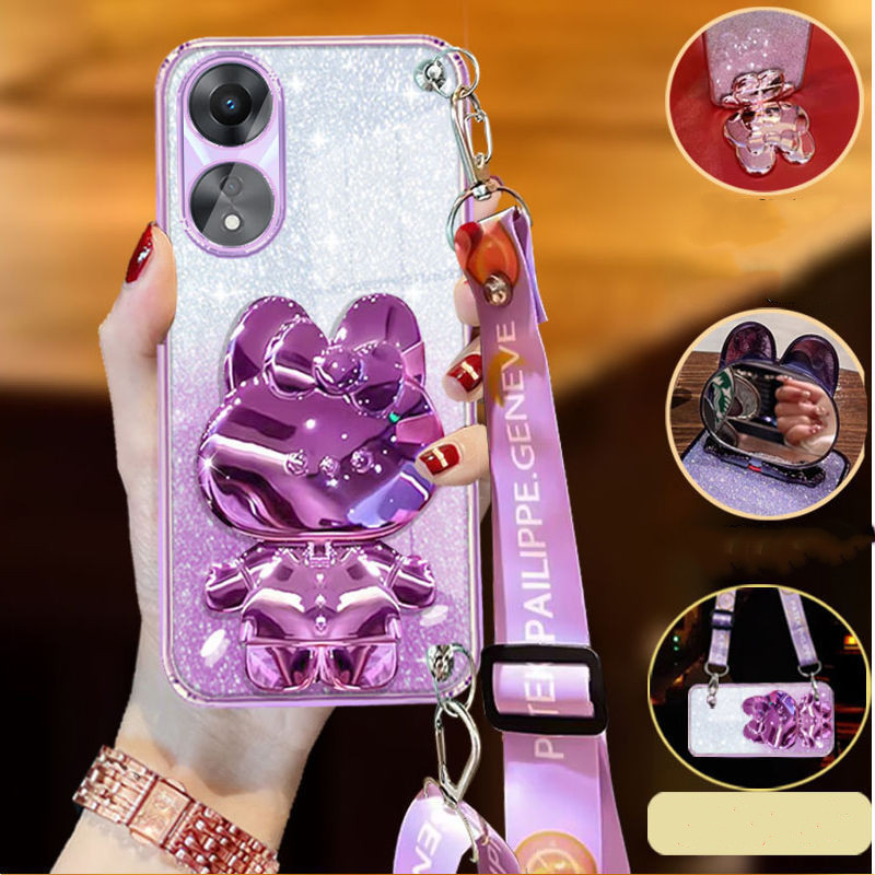 เคส OPPO A17 A97 5G A38 4G A18 ที่อยู่อาศัยยาวสายรัดข้อมือสไตล์กับกระต่ายยืนกระจกแต่งหน้าหรูหรานุ่ม 