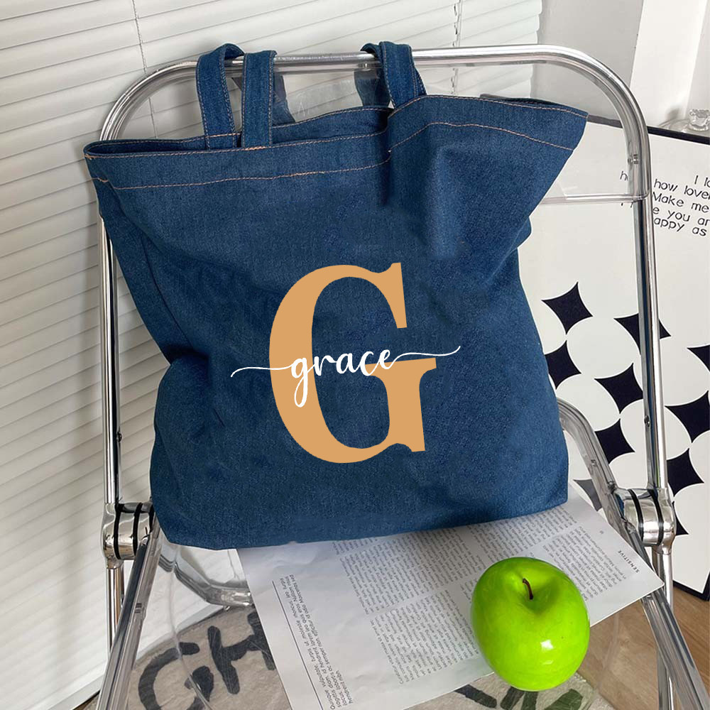 Letter AZ พิมพ์ที่กําหนดเองชื่อขนาดใหญ่ความจุ Tote กระเป๋าไหล่กระเป๋า Denim กระเป๋าถือของขวัญ