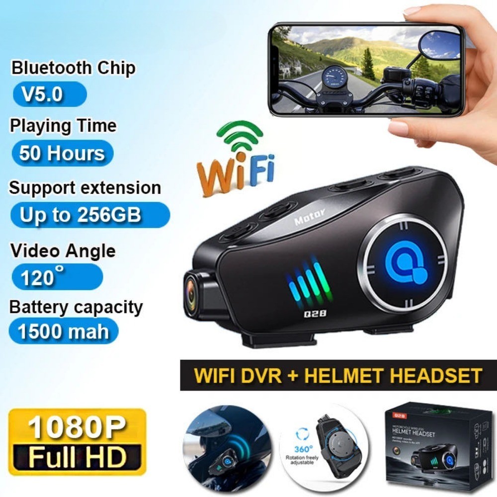 Q28 รถจักรยานยนต์อินเตอร์คอมหมวกกันน็อค Dash Cam ชุดหูฟังบลูทูธแฮนด์ฟรีสื่อสารบันทึกวิดีโอ 1080P Interphone