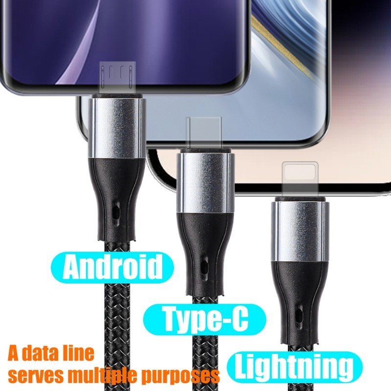 3 in 1 100W 6A Type C สายชาร์จเร็วสุด - 1.2 ม. พอร์ต Usb หลายตัวไนลอนถักสายเคเบิลข้อมูลสากล