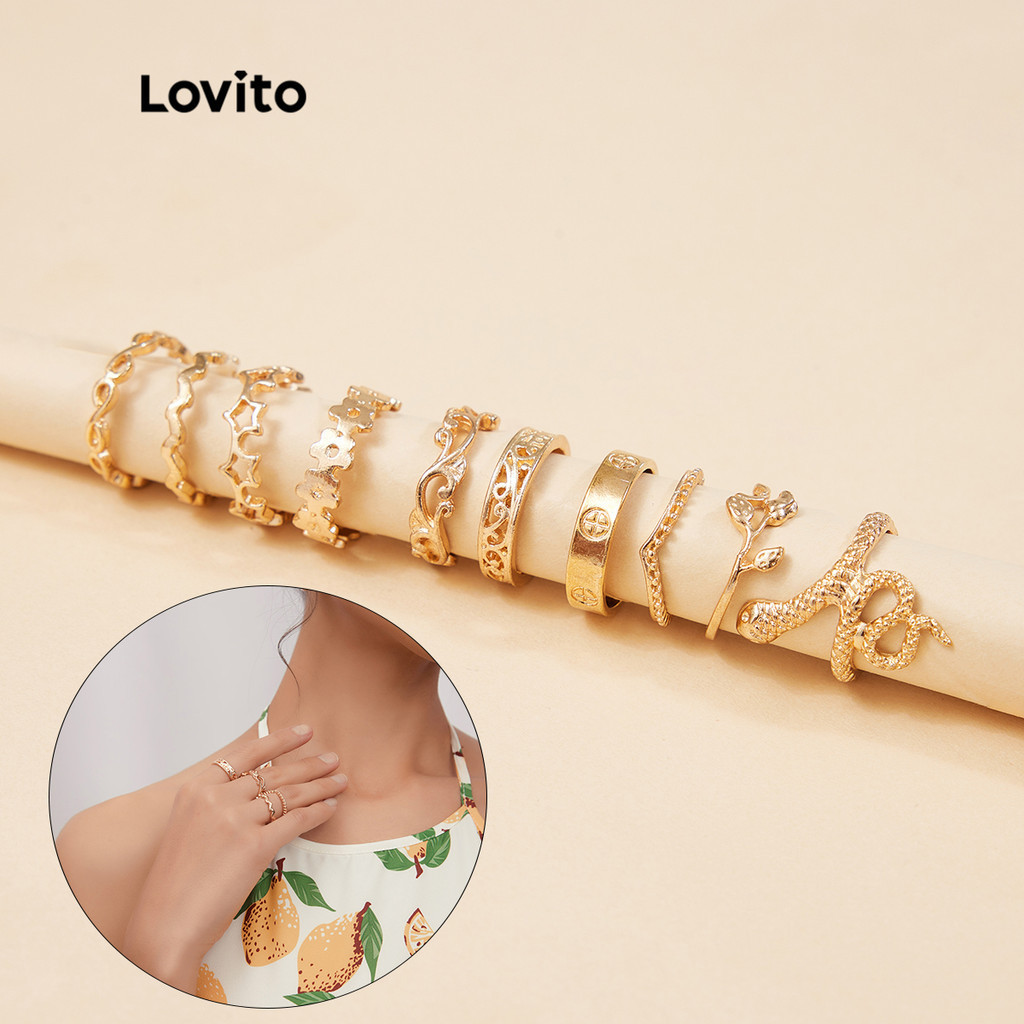 Lovito 10 ชิ้น แหวน ลายงู มิกซ์และแมทช์ได้ง่าย สไตล์ลำลอง L004007 (สีทอง)