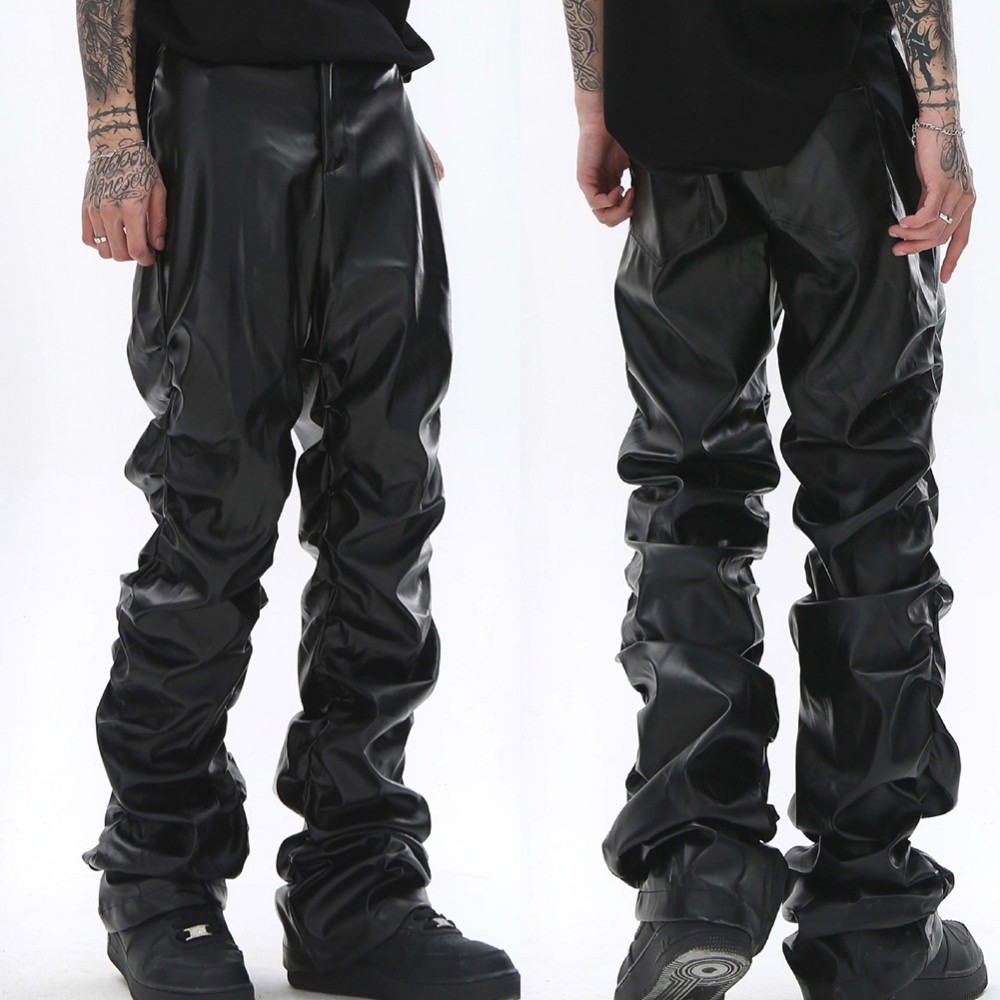 หลวม Ruched กางเกงผู้ชาย Hip Hop จีบ Pu หนังกางเกง Harajuku Streetwear