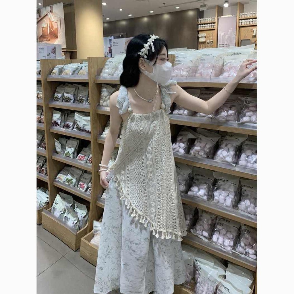 ออกแบบ ซอก ไม่สม่ําเสมอเย็บปลอมสองชิ้นชุดสลิงดอกไม้หญิงฤดูร้อนกระโปรงขอบเล็ก