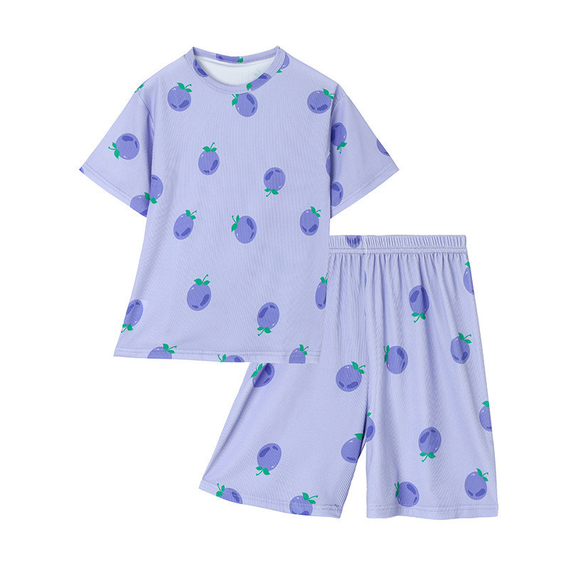 จัดส่งที่รวดเร็ว 90-160ซม เด็กเย็นระบายอากาศผ้าไหมน้ําแข็งชุดเครื่องปรับอากาศชายหญิงการ์ตูนยืดกางเกงขาสั้นแขนสั้นชุดนอนชุดสองชิ้น