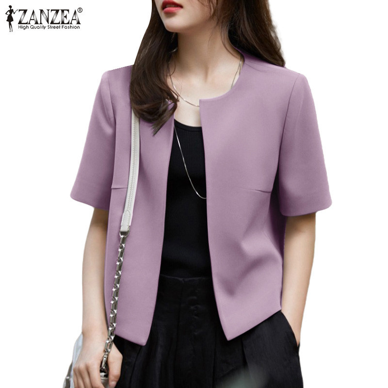 Zanzea ผู้หญิงเกาหลีคอกลมแขนสั้นไม่มีปุ่ม Blazer