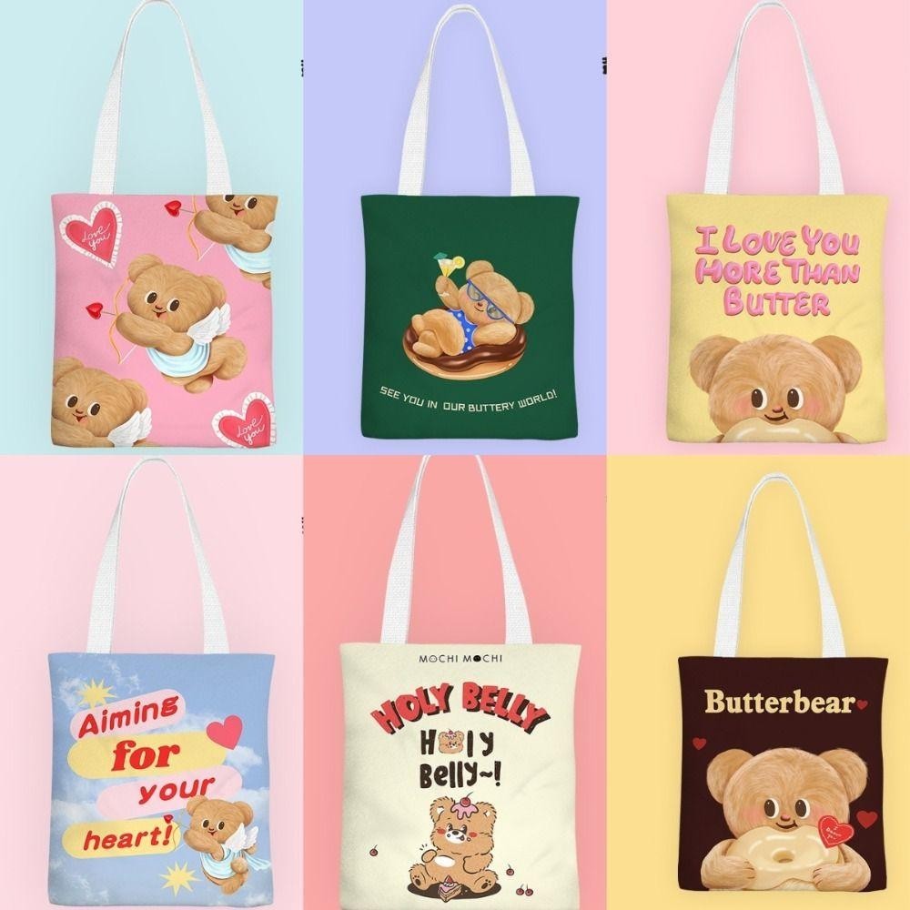 กระเป๋าผ้าแคนวาส REAYA Butter Bear, กระเป๋าสะพายหมีเนยเรียบง่ายการ์ตูน, กระเป๋าโท้ทความจุขนาดใหญ่แบบพกพาผู้หญิง