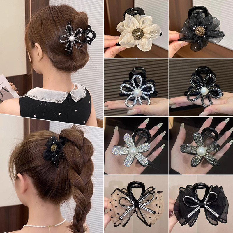 Rhinestone ดอกไม้คว้าคลิป 2024 สไตล์ใหม่ High-End Feeling กิ๊บติดผม Coil Hair Shark คลิปผมหางม้าสูง Fixing Handy เครื่องมืออุปกรณ์เสริมผม