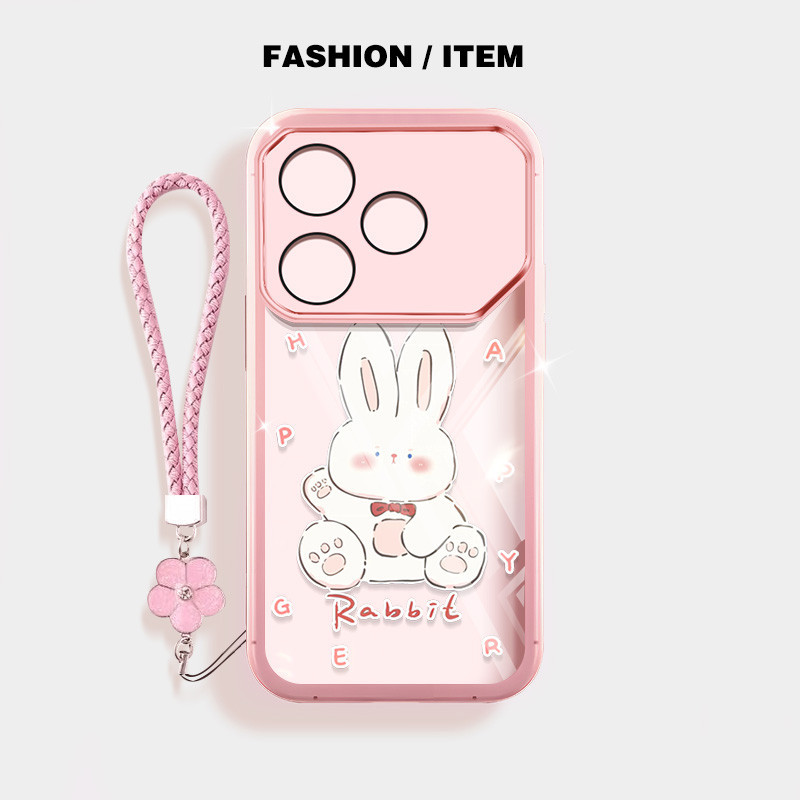 กระต่ายสีขาวน่ารักกันกระแทกเคสโทรศัพท์สําหรับ Tecno Pova 6 Neo Pova 6 Pro 5G LI9 ปลอกโปร่งใสฝาครอบป้องกันด้วยเชือกแขวนดอกไม้