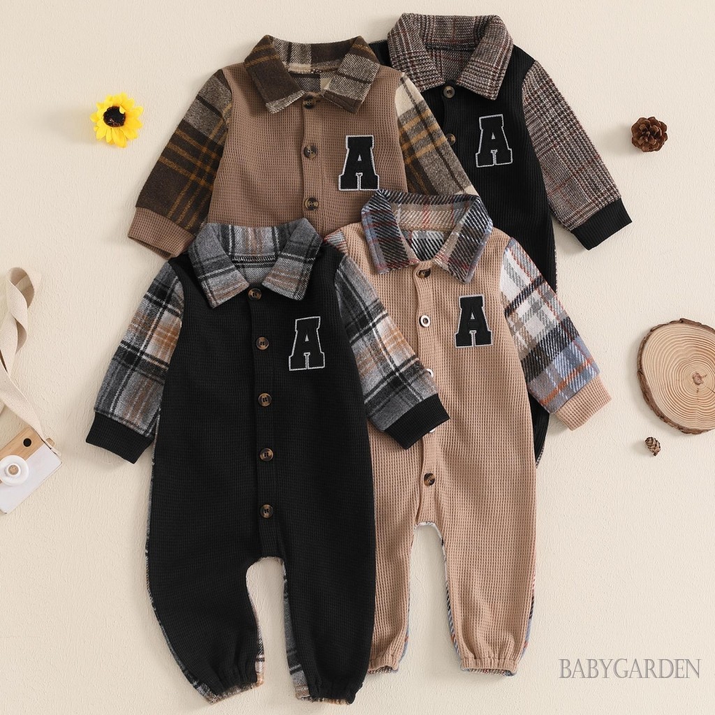 Baga-เด็กทารกฤดูใบไม้ร่วงromperลายสก๊อตพิมพ์patchworkแขนยาวปุ่มลงเต็มความยาวjumpsuitสําหรับทารกแรกเกิด