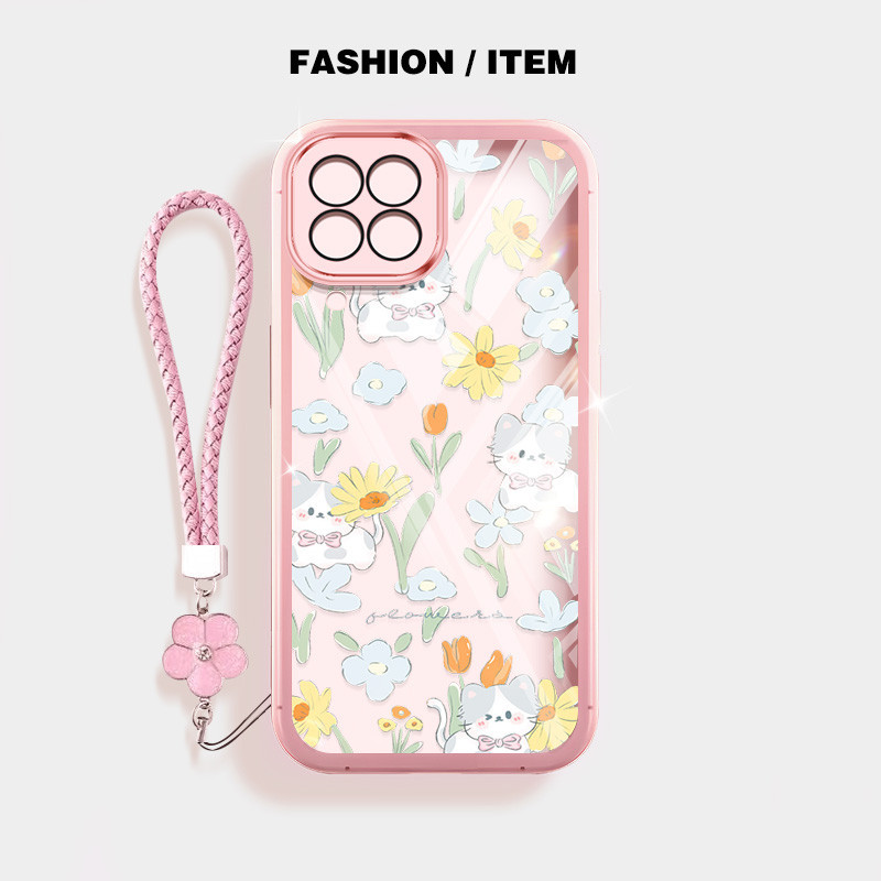 SAMSUNG น่ารักดอกไม้และแมวกันกระแทกเคสโทรศัพท์สําหรับsamsung Galaxy A12 M12 F12 A22 M22 F22 M32 M33 M53 4G 5G A22 5G A12 Nacho A12Sปลอกโปร่งใสพร้อมเชือกแขวนดอกไม้