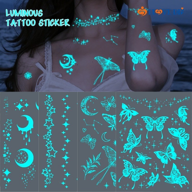 4sheepts Blue Luminous Tattoo สติกเกอร์ - White Star Moon รูปแบบผีเสื้อ Tattoo Decals - เทศกาลดนตรี Party Body Art รอยสักปลอม
