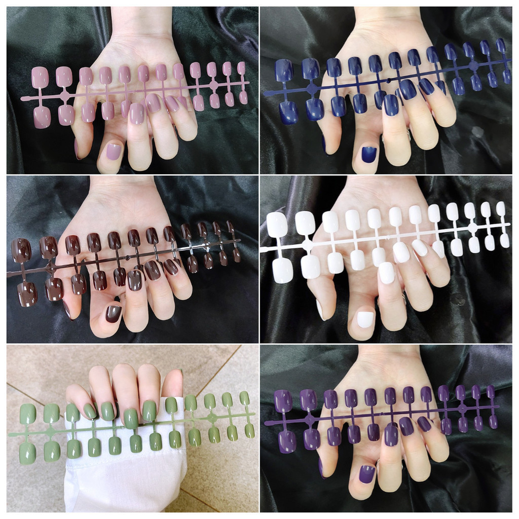 FREE GLUE2026 ใหม่ล่าสุด 24 ชิ้น Nail Art เล็บปลอมฝรั่งเศสชุดกาวอะคริลิค Full Nail COD