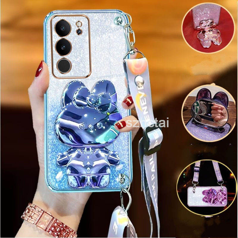 เคส Vivo V29 5G V30 5G V29E V27 5G V27E V25 V25E V23 5G V21 5G V19 สายรัดข้อมือยาวสไตล์กระต่ายเครื่องสําอางที่วางยึดกระจกหรูหราเคสโทรศัพท์ tpu นุ่มฝาหลัง เคสโทรศัพท์ Vivo V29 5G V30 5G V29E V27 5G V27E V25 V25E V23 5G V21 5G V19