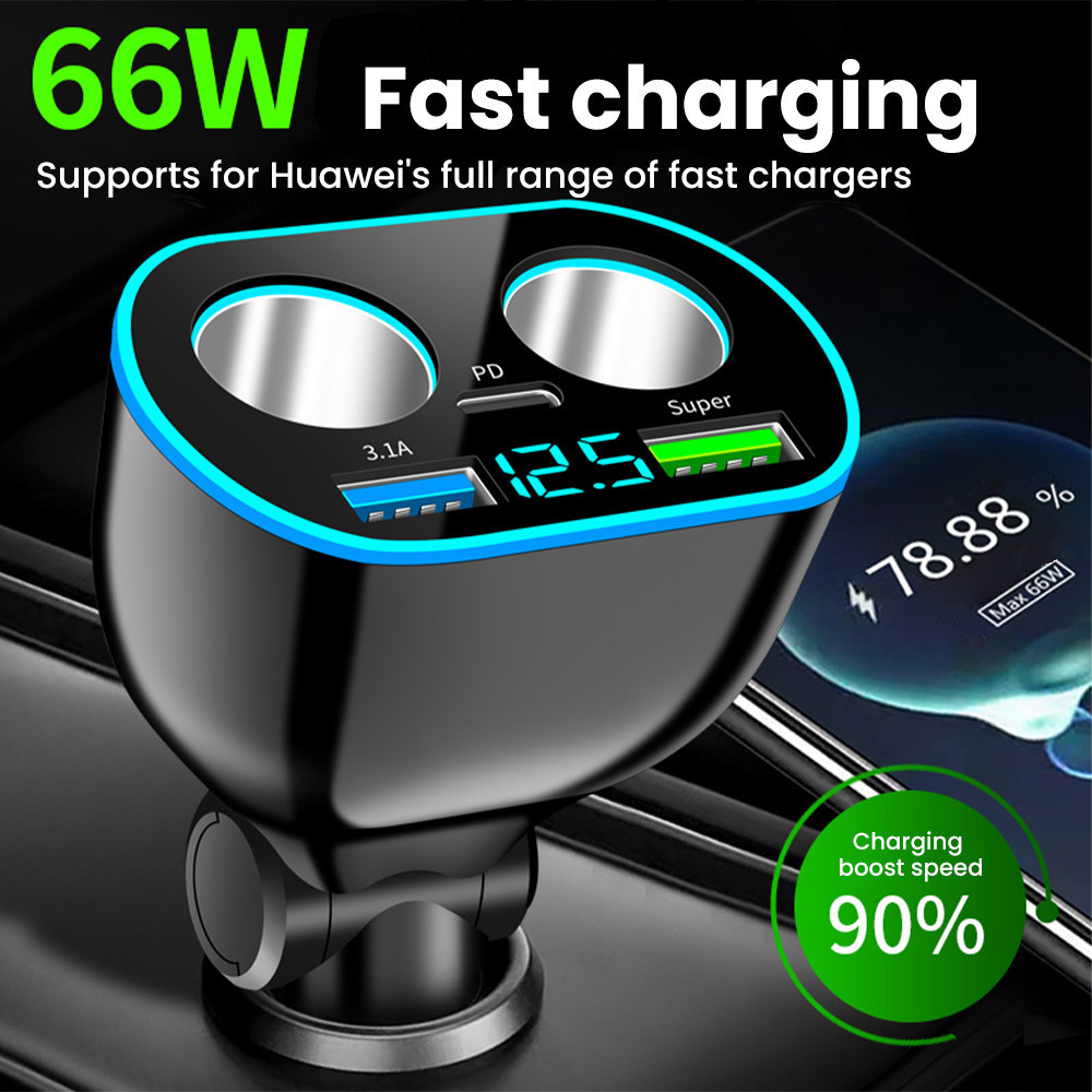 66w 5 พอร์ต Dual USB รถ QC3.0 ไฟแช็กอเนกประสงค์ PD30W ประเภท C Fast Charging Car Charger จอแสดงผลดิจิตอล