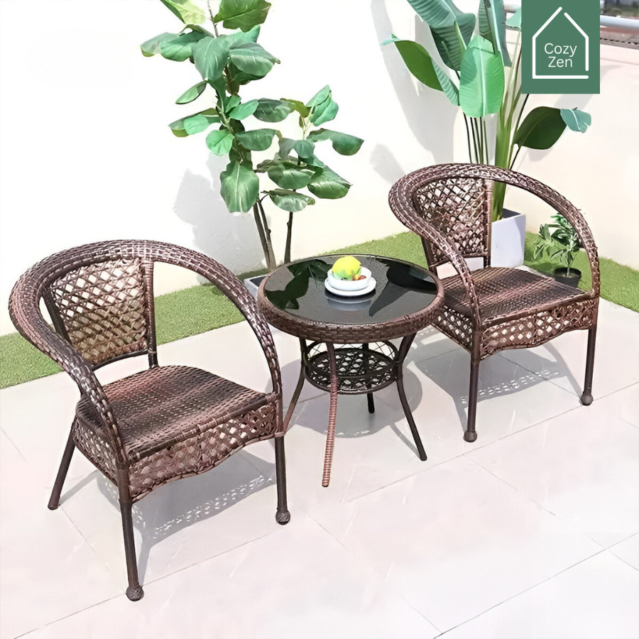 CozyZen ชุดโต๊ะเก้าอี้หวาย โต๊ะ 1 เก้าอี้ 2 เหมาะสำหรับคาเฟ่ รับน้ำหนักได้เยอะ Rattan table set