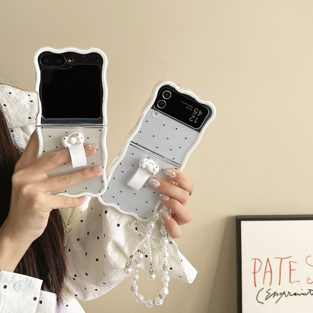 Samsung Galaxy Z Flip 6 Flip5 เคสนิ่มน่ารัก Wave Point พร้อมแหวนโบว์พร้อมสายโซ่ เคส Samsung Galaxy Z