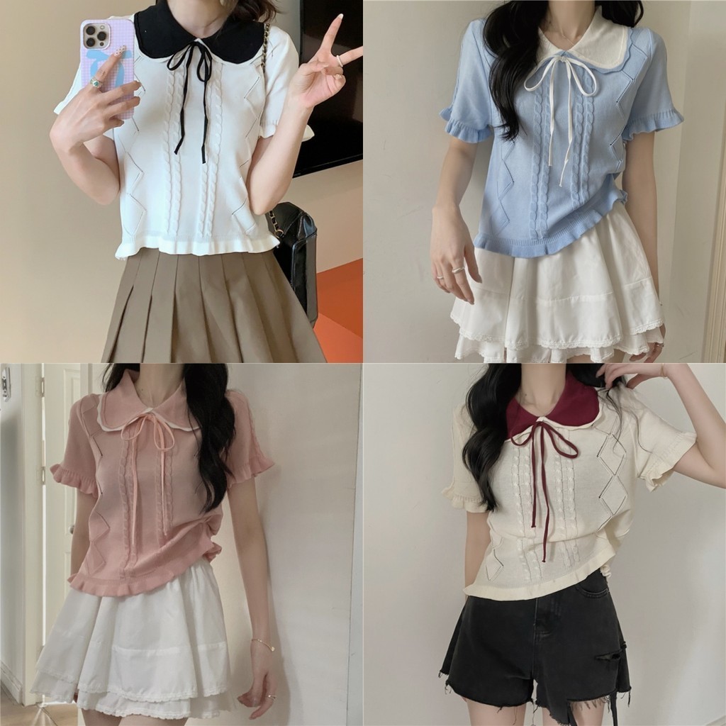 Evelyn เสื้อยืดผู้หญิง คอปก ทรงหลวม แต่งโบว์ ผ้าถัก ขอบหยัก เสื้อยืดแขนสั้น น่ารักๆ ใส่สบาย ส่งไวจากไทย#MT717-1