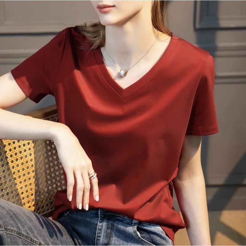 Mercerized Cotton V คอแขนสั้นเสื้อยืดผู้หญิงฤดูร้อนผ้าไหมน้ําแข็ง V คอเรียบง่ายสีทึบ t