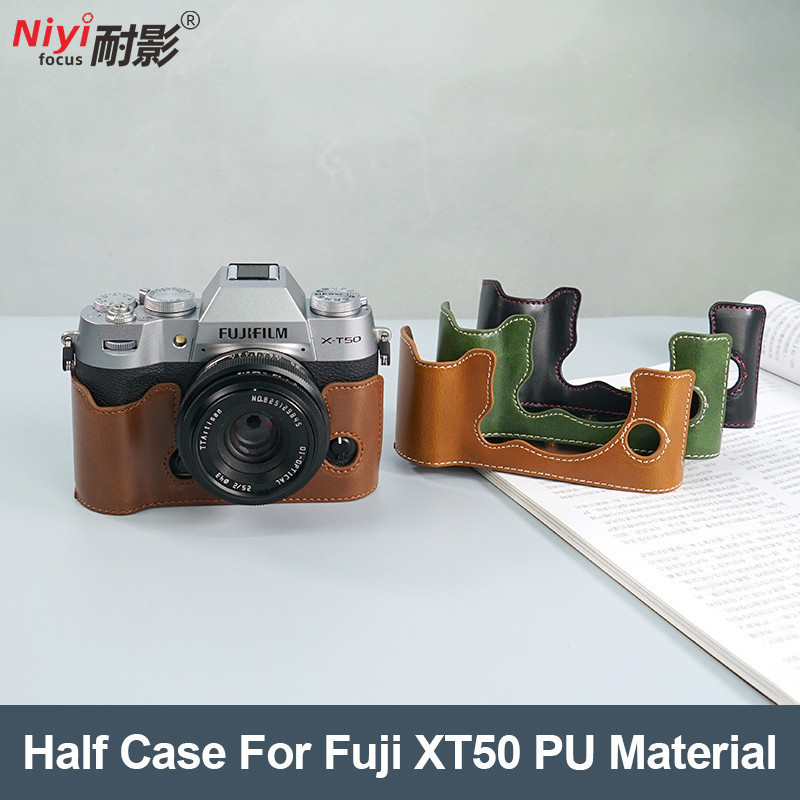 หนัง PU Fujifilm X-T50 ฐานกระเป๋าครึ่งฝาครอบหนังแท้สําหรับ Fuji XT50 ปลอกกล้องพร้อมสายรัด