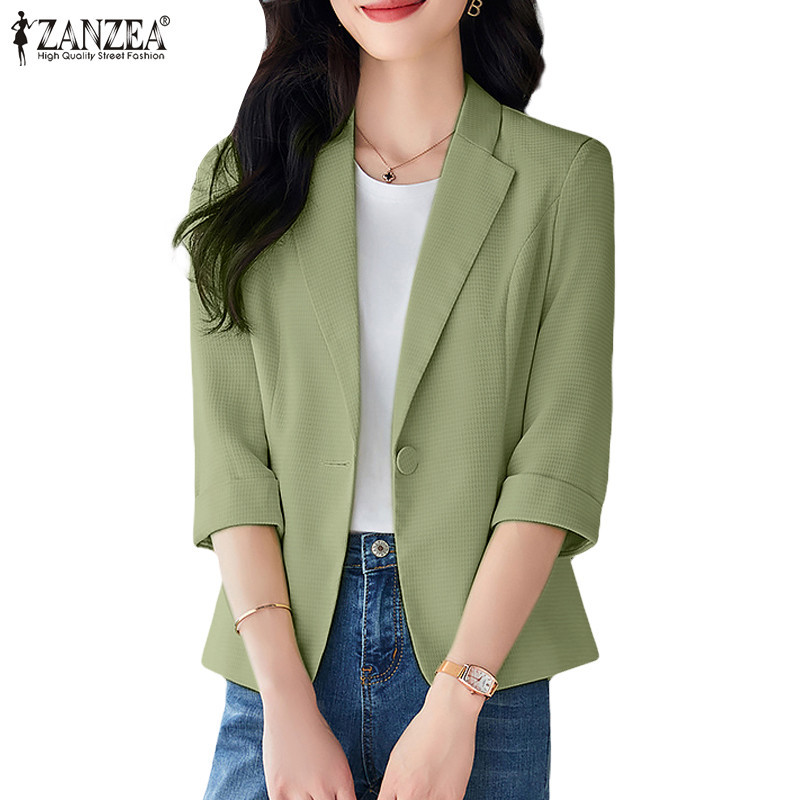 ZANZEA ใส่ ซานเซีย ผู้หญิงเกาหลีสีธรรมดา3/4แขนเปิดลง-ปกเสื้อปุ่มเสื้อ