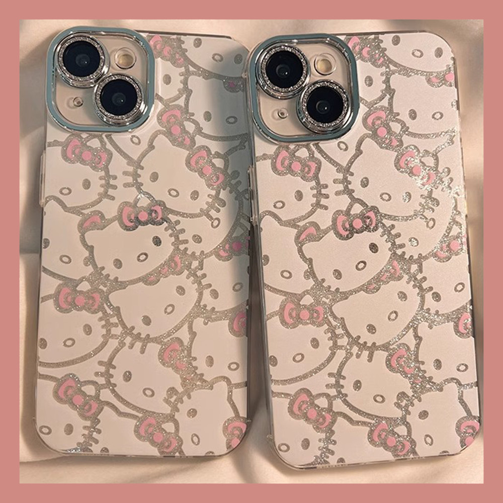 เคส IPhone Thicken กันกระแทก Hard Case IPhone 14 Pro Max เกาหลี Girly Hello Kitty Bow Knot หรูหรา Electroplated เลนส์ฟิล์มสําหรับ IPhone 15 14 13 12 11 Pro Max