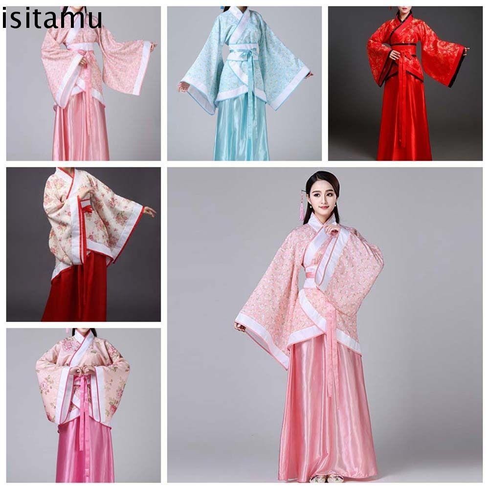 Isitaft จีน ฮันฟู กระโปรง,เครื่องแต่งกายเวทีประสิทธิภาพคอสเพลย์ชุดจีนโบราณ,ดอกไม้เย็บปักถักร้อยตะวันออกนางฟ้าเจ้าหญิงจีนเต้นรําพื้นบ้านเครื่องแต่งกายจีนหญิ