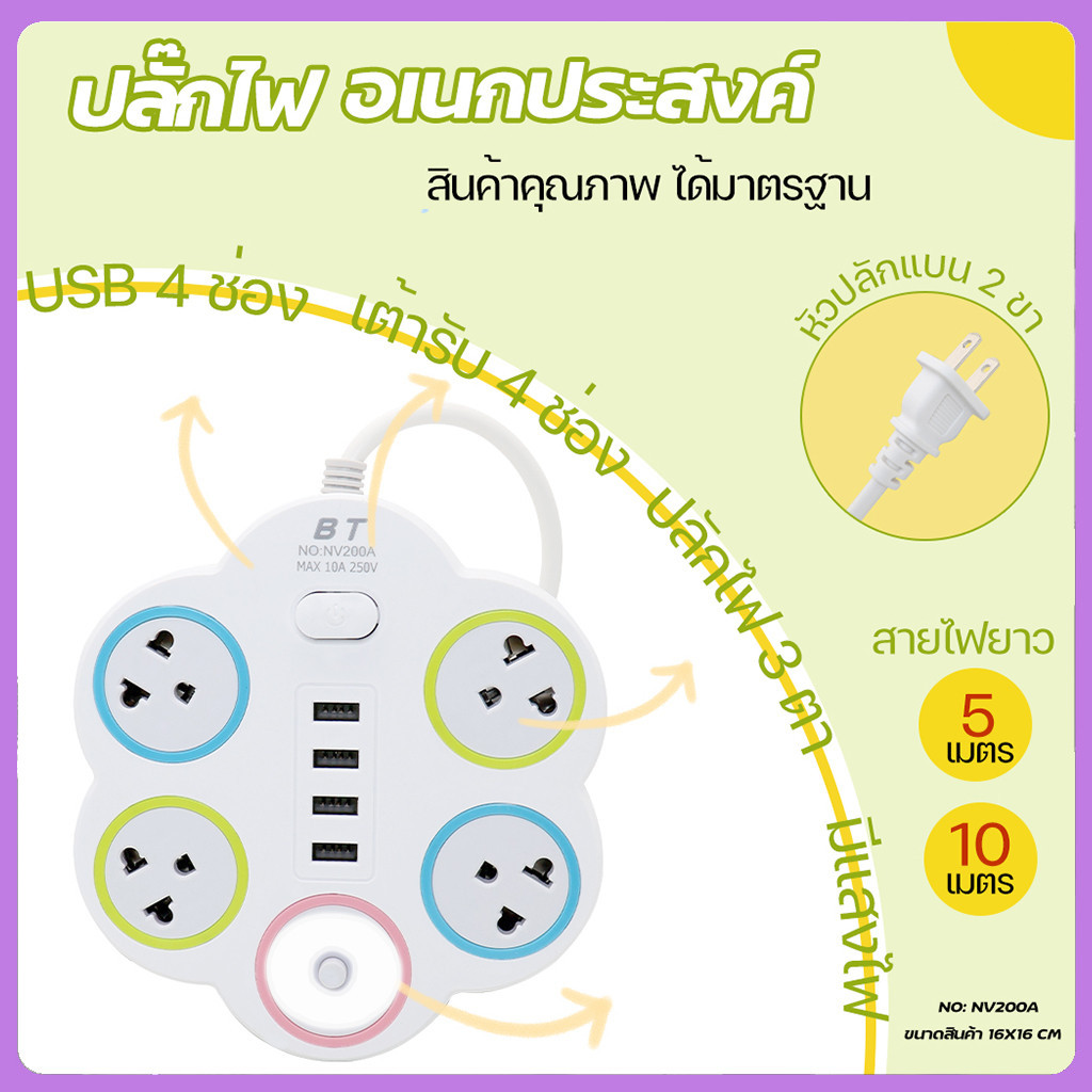 ปลั๊กไฟ พร้อมช่อง USB 4ช่อง 4ช่อง 1LED 5/10เมตร ช่องเสียบ ซ็อกเก็ตเดสก์ท็อปแบบกลม แถบสายไฟ รางปลั๊กไฟ บอร์ดสายไฟต่อ