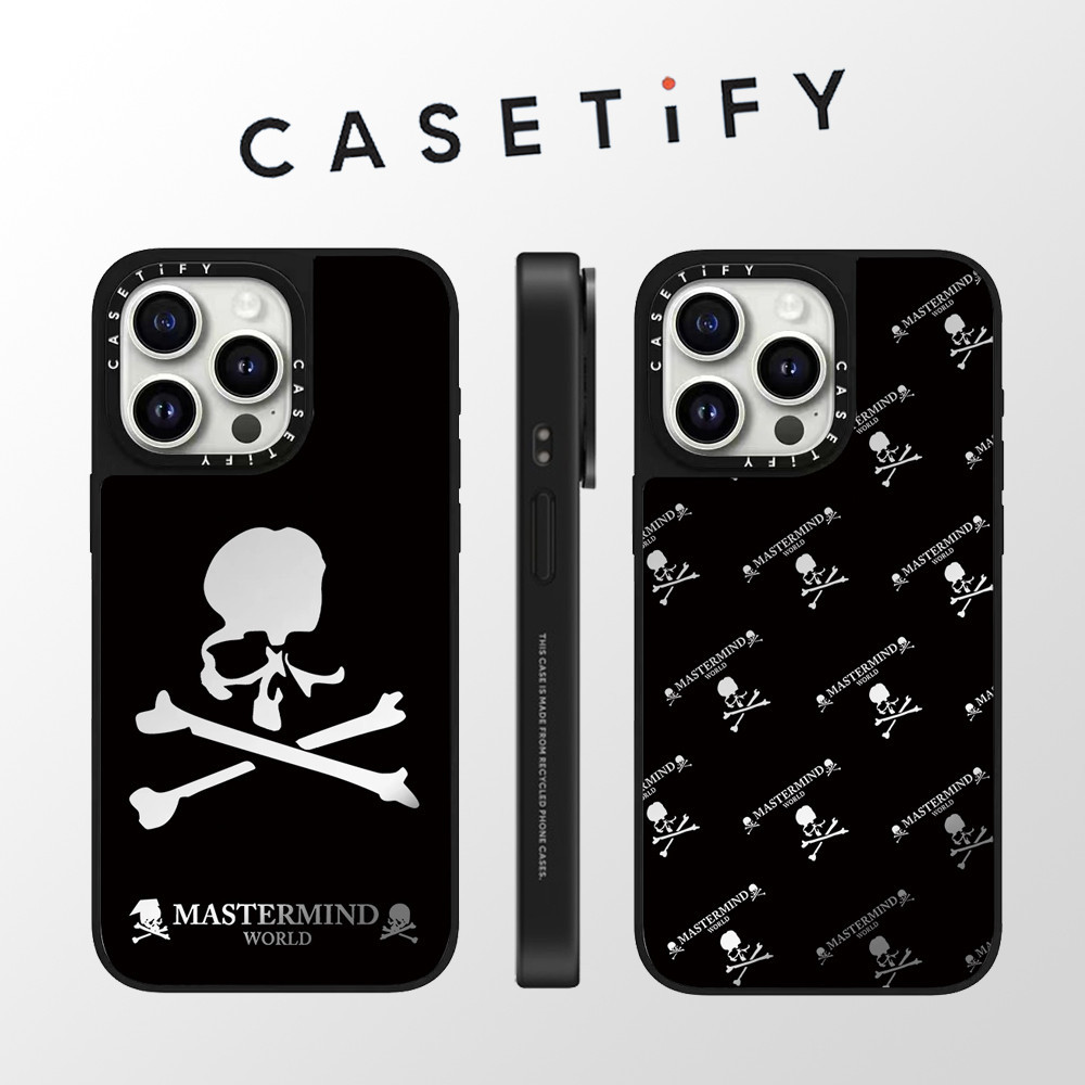 Casetify บุคลิกภาพสีดํากะโหลกกระจกหน้าเคสโทรศัพท์สําหรับ iPhone 15 Pro Max 14 Plus 13 ProMax 12 12Pro 11 โทรศัพท์กันกระแทกขอบนุ่มฮาร์ดป้องกันกรณี