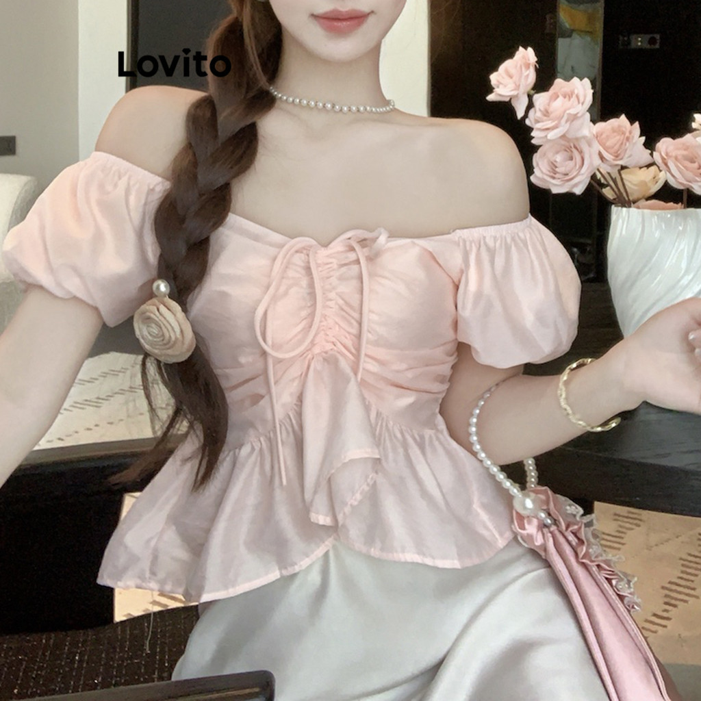 Lovito เสื้อเบลาส์ผู้หญิง แบบผูกเชือก สีพื้น สไตล์ลำลอง LNE67511