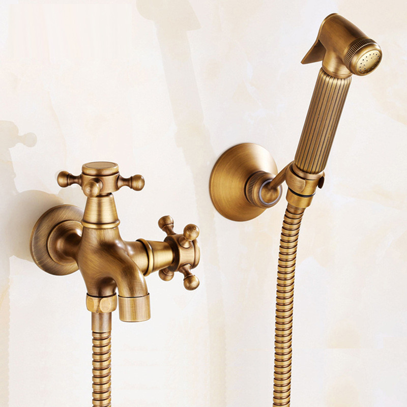 ทองเหลืองโบราณมือถือห้องน้ํา Bidet Sprayer ชุดคู่ใช้ Bidet ก๊อกน้ําติดผนังห้องน้ํา Sprayer Shower Bi