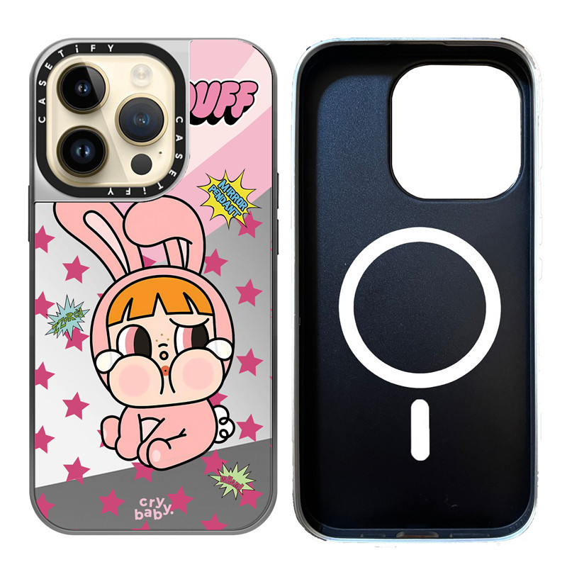 Casetify X Cry Baby-Blossom แม่เหล็กดูด Black & Sliver กระจก IPhone กรณี IPhone 15 14 13 12 Pro Max Plus Hard กลับกรณีฝาครอบกล่องแกะสลักโลโก้