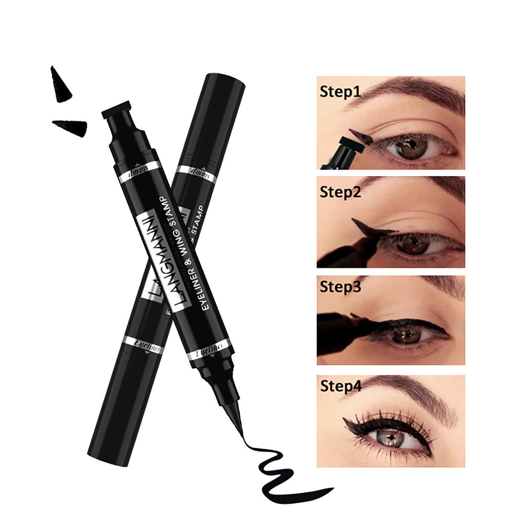 Langmanni 1 PC 2In1 อายไลเนอร์ดินสอกันน้ําสีดํา Double-Headed Liquid Eyeliner ปากกาดินสออายไลเนอร์แสตมป์แต่งหน้าง่าย