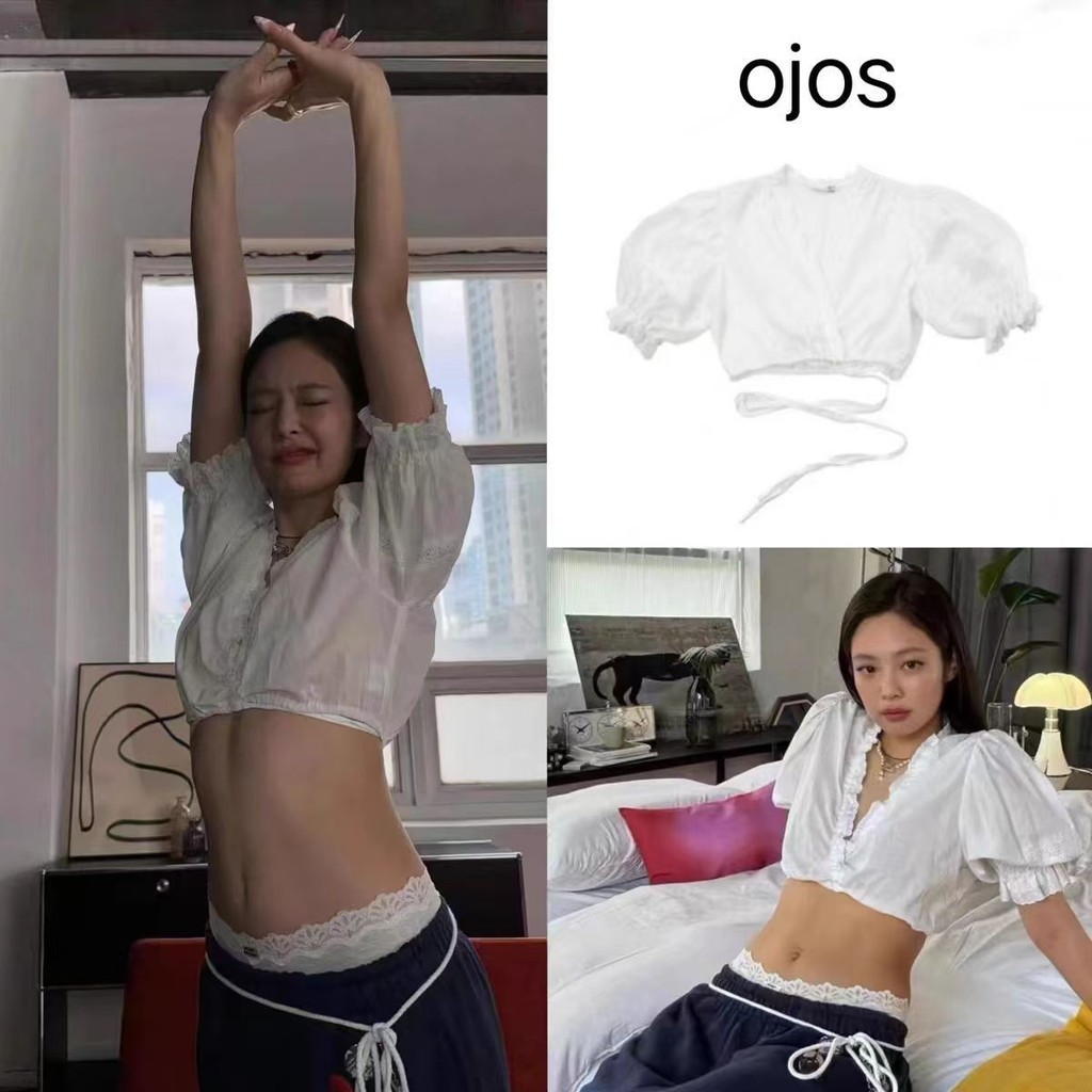 [SR-STUDIO] Ojos มีในสต็อก2024สไตล์ใหม่ jennie ลูกไม้ลูกไม้ลูกไม้แขนสั้นเสื้อ it86